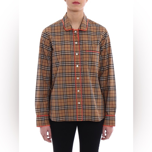 BURBERRY check neon piped pyjama style top - Picture 3 of 13